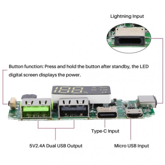 لوحة شحن باور بانك ببطاريات 18650 – منفذ Micro/Type-C، 5 فولت / 2.4 أمبير